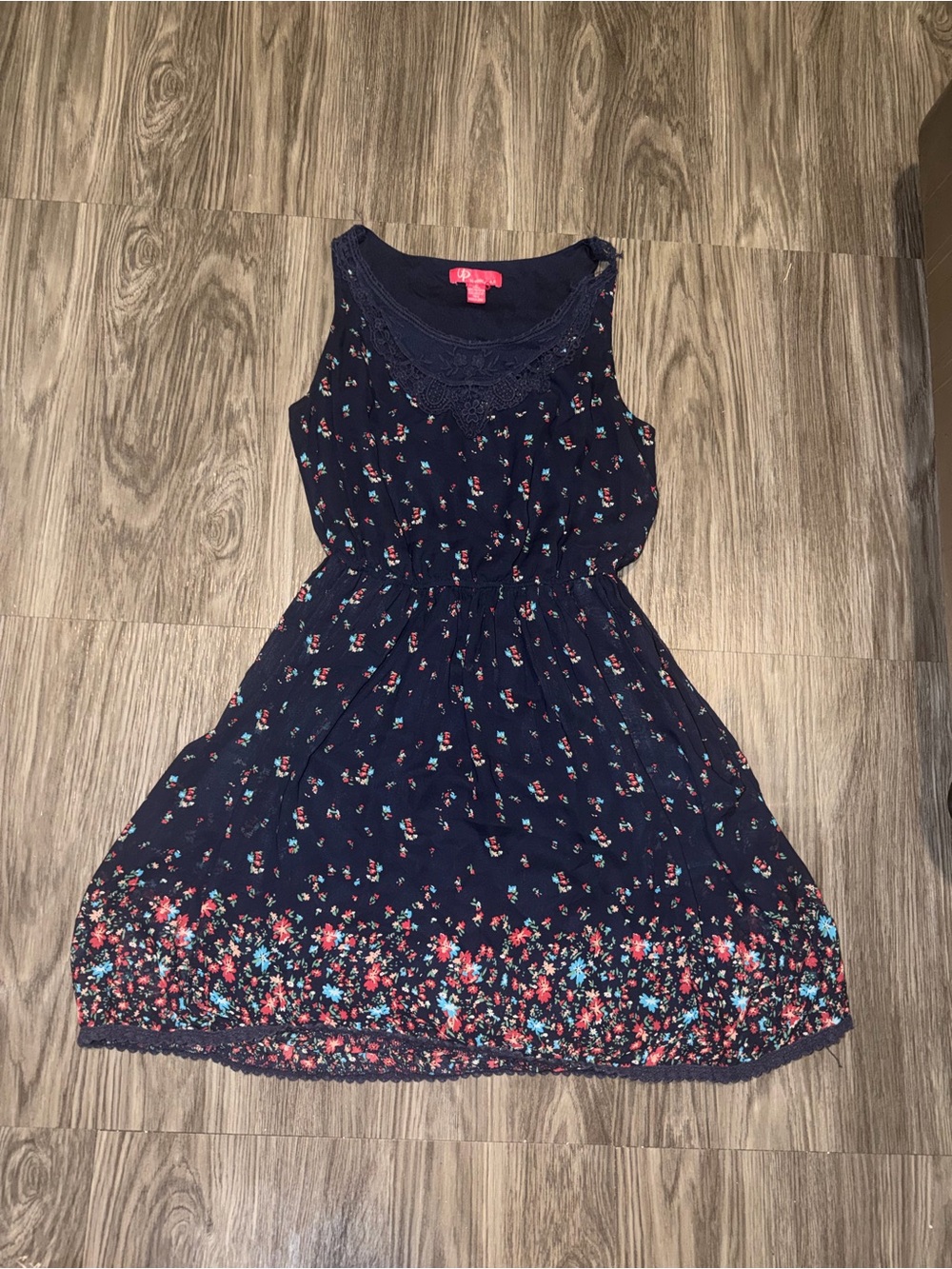 Navy Floral Lace-Trim Sleeveless Casual Dress